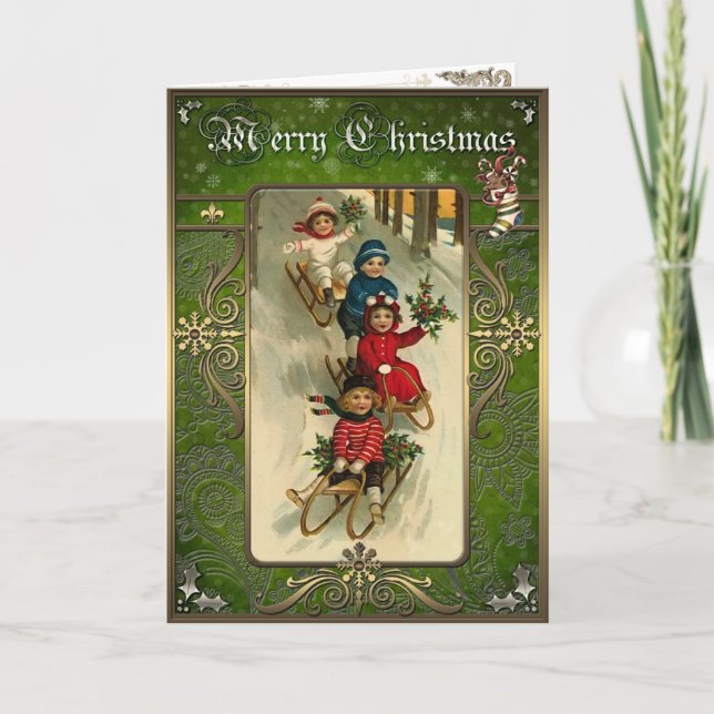 Christmas - Children go down the hill on a sled. Holiday Card (Front)