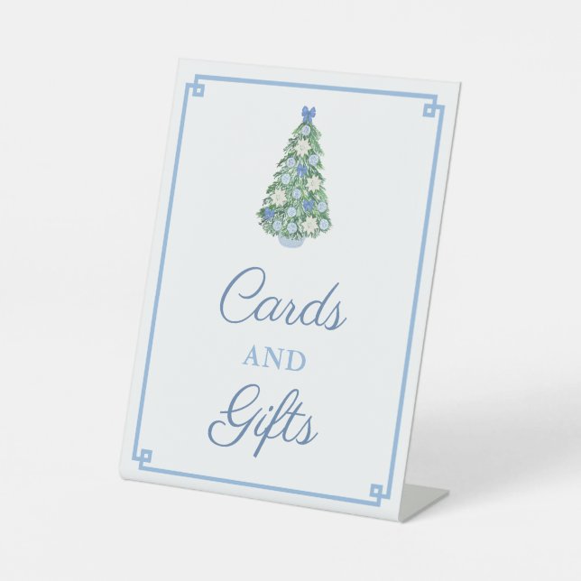 Christmas Chinoiserie Blue White Cards and Gifts Pedestal Sign (Front)