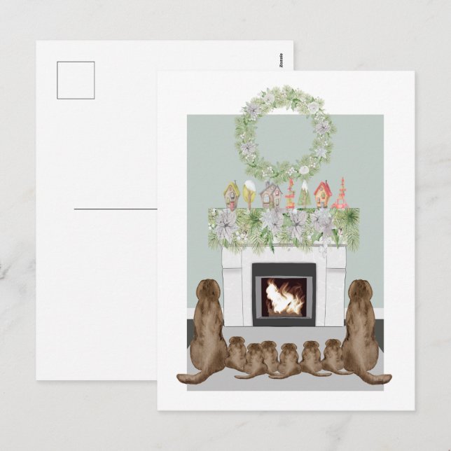 Christmas Choc Labrador Family Fireplace Scene Holiday Postcard (Front/Back)