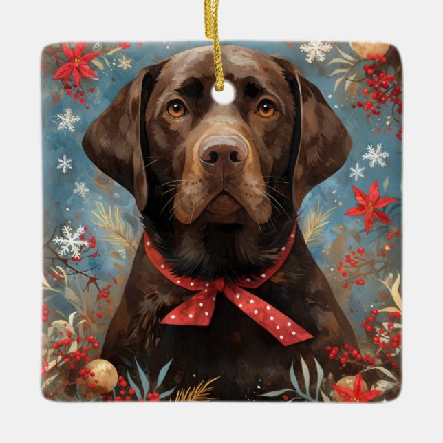 Christmas Chocolate Lab Dog Ceramic Ornament (Front)