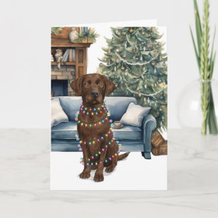 Christmas Chocolate Labrador Dog In Holiday Lights Card