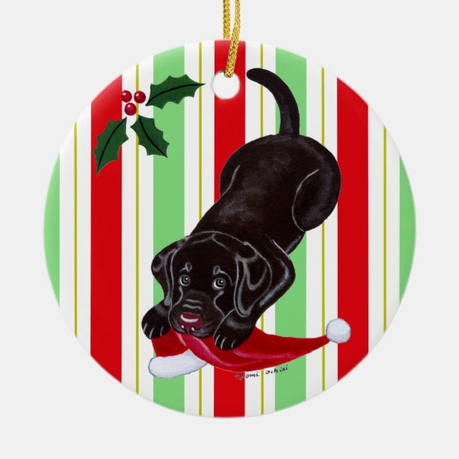 Christmas Chocolate Labrador Puppy Ceramic Tree Decoration (Front)