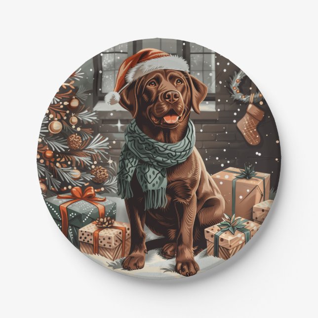 Christmas Chocolate Labrador Retriever Dog Paper Plate (Front)