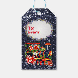 Christmas Choo Choo Train Blue Faux Glitter Gift Tags