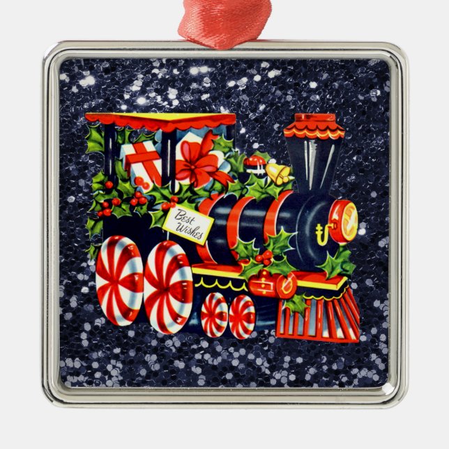 Christmas Choo Choo Train Blue Faux Glitter Metal Tree Decoration (Front)
