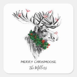 Christmas Chrismoose Moose Birds and Holly Sticker