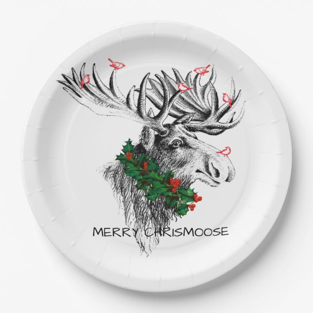 Christmas Chrismoose Moose Birds Holly Paper Plate (Front)