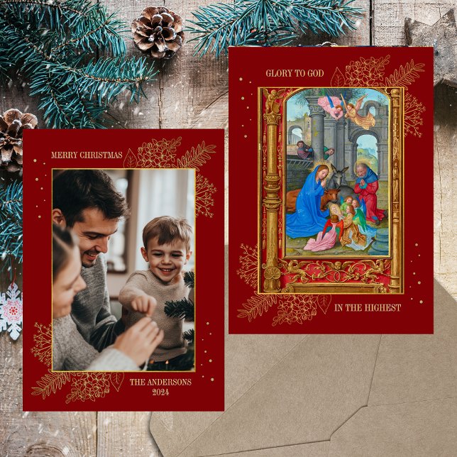 Christmas Christian Catholic Nativity Family Photo Holiday Card (Nativity Scene Medieval Religious Christian Catholic Red  Gold Elegant Photo Christmas Card)