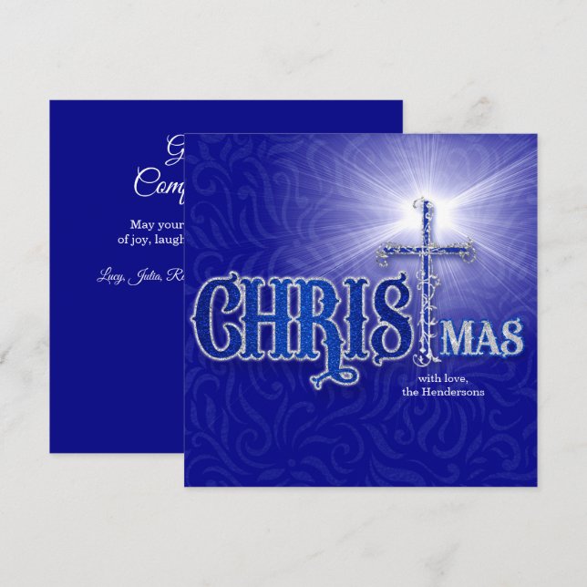 Christmas Christian Cross Silver and Blue Holiday Card (Front/Back)