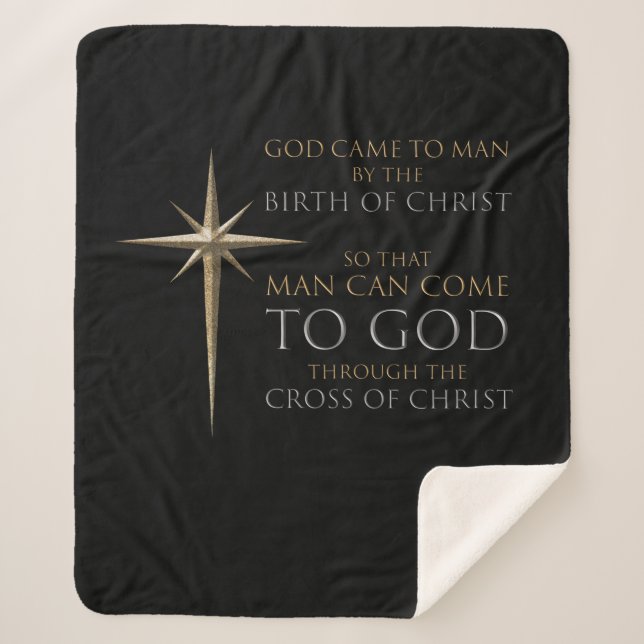 Christmas Christian Faith Star: Birth & Cross Sherpa Blanket (Front)