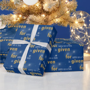Christmas Christian Text On Blue Wrapping Paper
