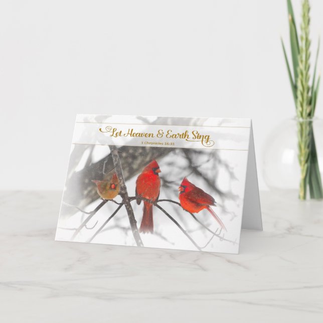 Christmas, Christian Verse, Snow, Red Cardinals Card (Front)
