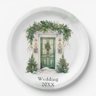 Christmas Church Door Winter Scene Wedding Paper Plate