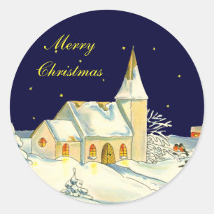 Christmas church winter scene classic round sticker