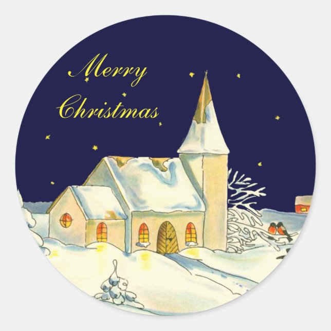 Christmas church winter scene classic round sticker (Front)