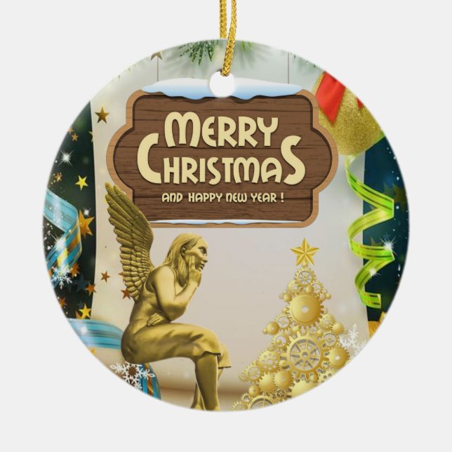 Christmas Circle Ornament, Angel Ceramic Tree Decoration (Front)