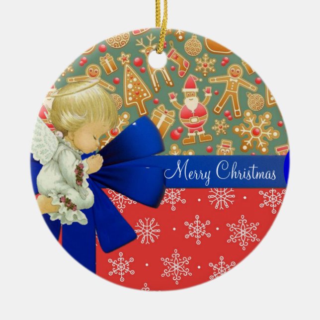 Christmas Circle Ornament, Angel Ceramic Tree Decoration (Front)