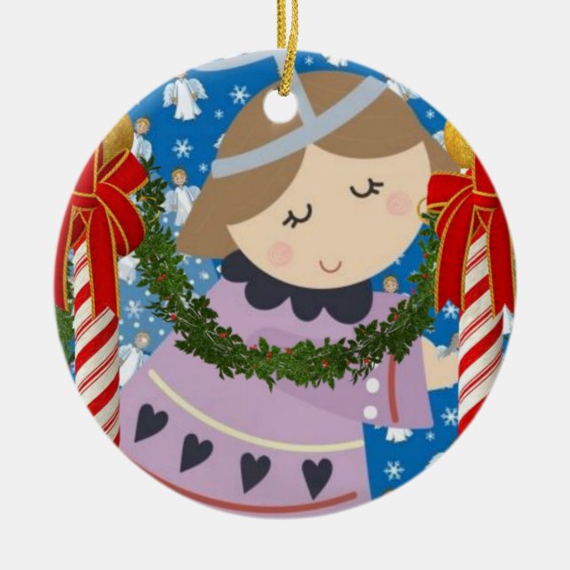 Christmas Circle Ornament, Angel Ceramic Tree Decoration (Front)
