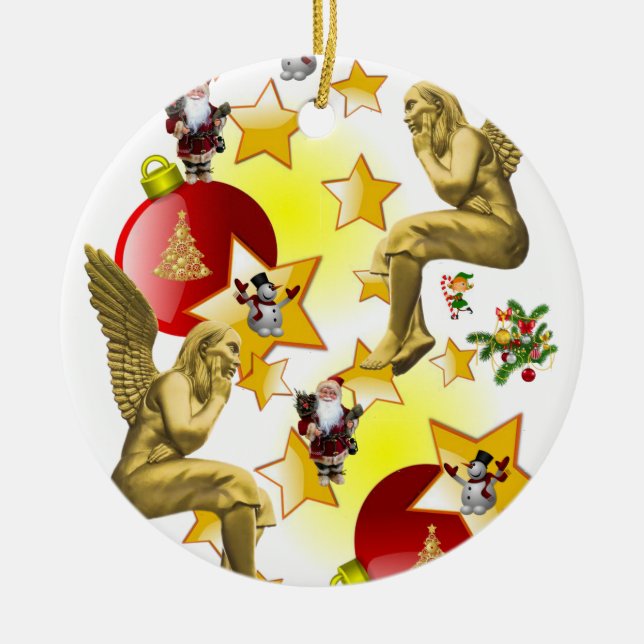 Christmas Circle Ornament, Angel Ceramic Tree Decoration (Front)