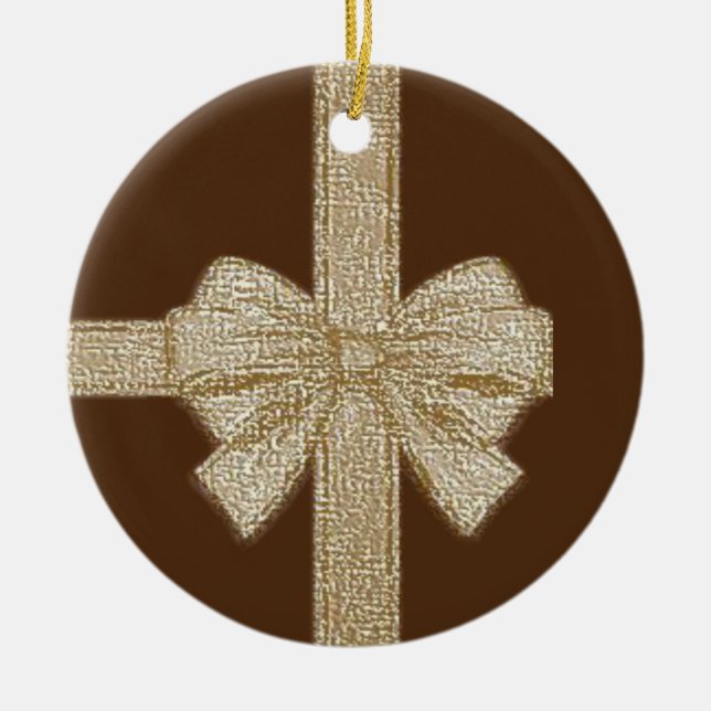 Christmas Circle Ornament, Beige Bow Ceramic Tree Decoration (Front)