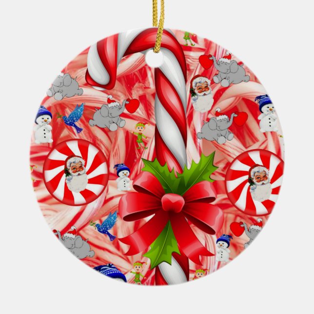 Christmas Circle Ornament, Candy Cane Ceramic Tree Decoration (Front)