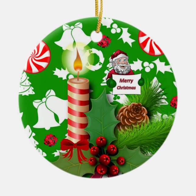 Christmas Circle Ornament, Christmas Candle Ceramic Tree Decoration (Front)
