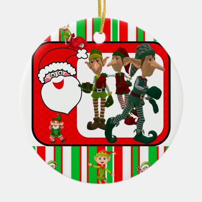 Christmas Circle Ornament, Elf Ceramic Tree Decoration (Front)