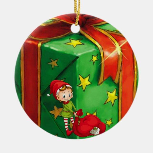 Christmas Circle Ornament, Elf Ceramic Tree Decoration (Front)