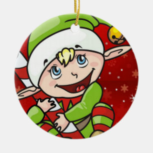 Christmas Circle Ornament, Elf Ceramic Tree Decoration