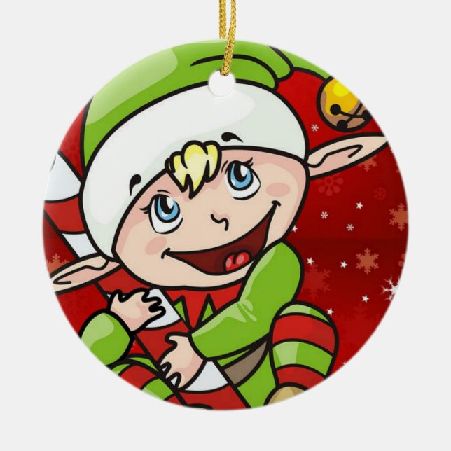 Christmas Circle Ornament, Elf Ceramic Tree Decoration (Front)