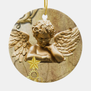Christmas Circle Ornament, Gold Angel Ceramic Tree Decoration