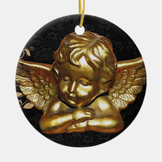 Christmas Circle Ornament, Gold Angel Ceramic Tree Decoration (Front)