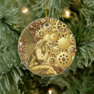 Christmas Circle Ornament, Gold Angel Ceramic Tree Decoration
