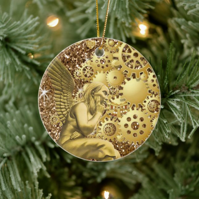 Christmas Circle Ornament, Gold Angel Ceramic Tree Decoration (Tree)