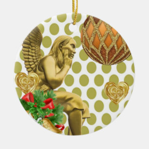 Christmas Circle Ornament, Gold Angel Ceramic Tree Decoration