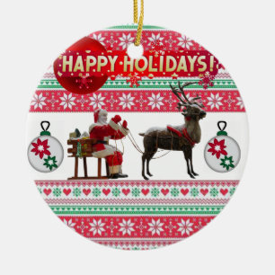 Christmas Circle Ornament, Happy Holidays Ceramic Tree Decoration