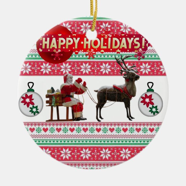 Christmas Circle Ornament, Happy Holidays Ceramic Tree Decoration (Front)