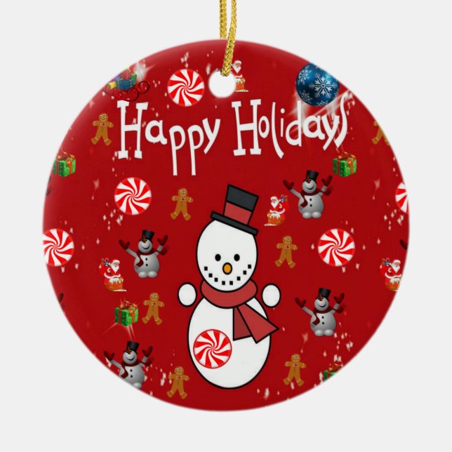 Christmas Circle Ornament, Happy Holidays Ceramic Tree Decoration (Front)