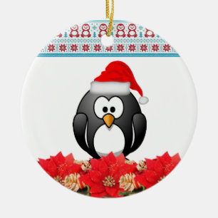 Christmas Circle Ornament, Penguin Ceramic Tree Decoration