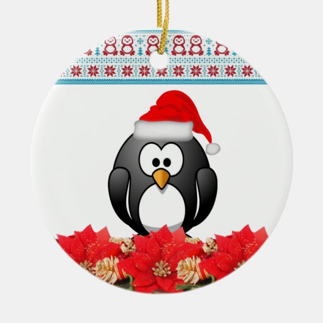 Christmas Circle Ornament, Penguin Ceramic Tree Decoration (Front)