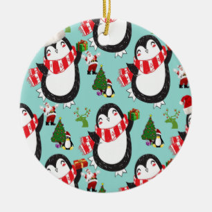 Christmas Circle Ornament, Penguin Ceramic Tree Decoration
