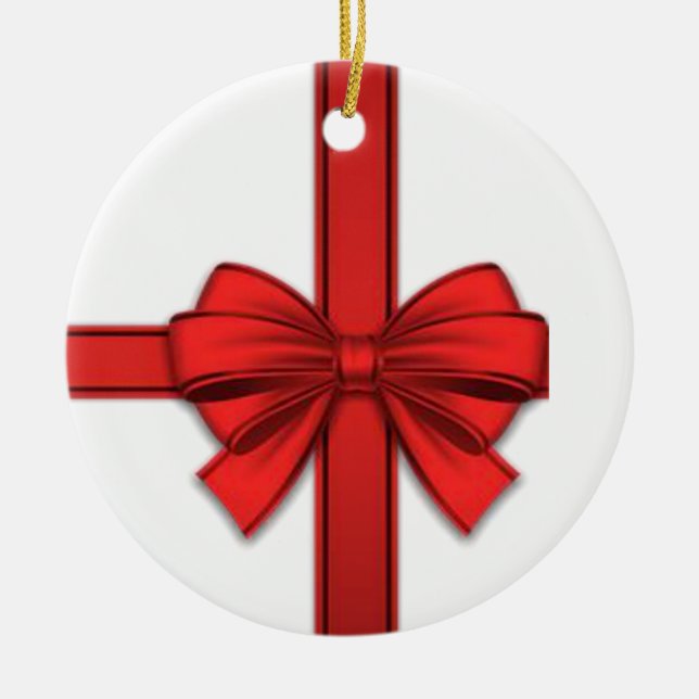 Christmas Circle Ornament, Red Bow Ceramic Tree Decoration (Front)