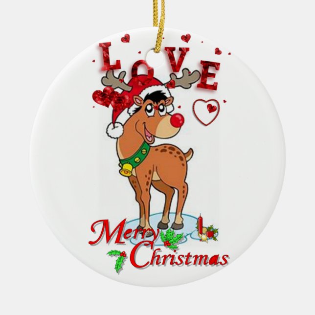 Christmas Circle Ornament, Reindeer Ceramic Tree Decoration (Front)