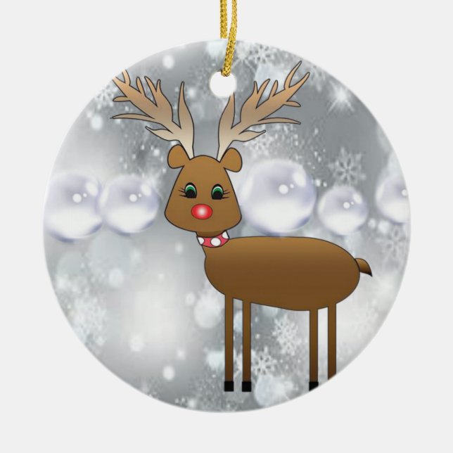 Christmas Circle Ornament, Reindeer Ceramic Tree Decoration (Front)