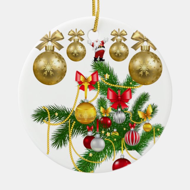 Christmas Circle Ornament, Santa Ceramic Tree Decoration (Front)