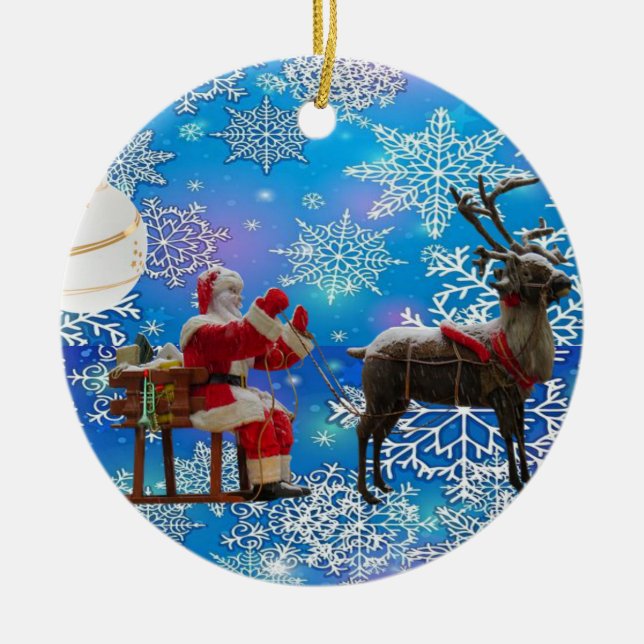 Christmas Circle Ornament, Santa Ceramic Tree Decoration (Front)