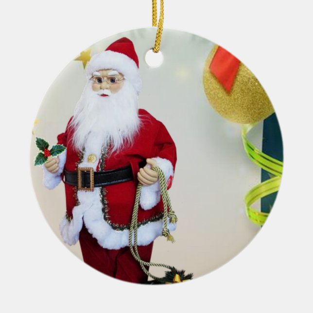 Christmas Circle Ornament, Santa Ceramic Tree Decoration (Front)