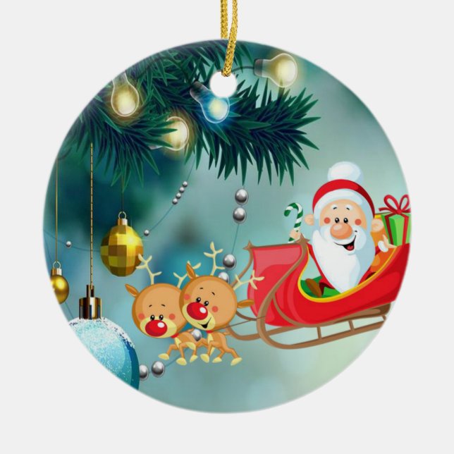 Christmas Circle Ornament, Santa Ceramic Tree Decoration (Front)