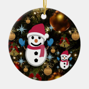 Christmas Circle Ornament, Snowman Ceramic Tree Decoration