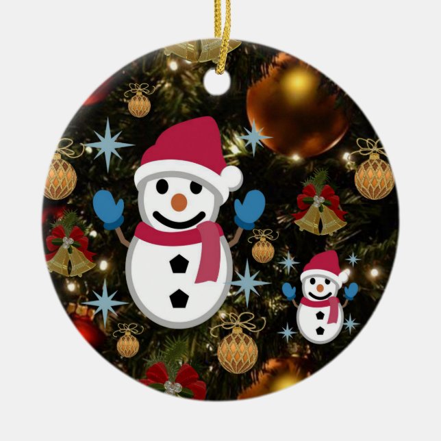 Christmas Circle Ornament, Snowman Ceramic Tree Decoration (Front)